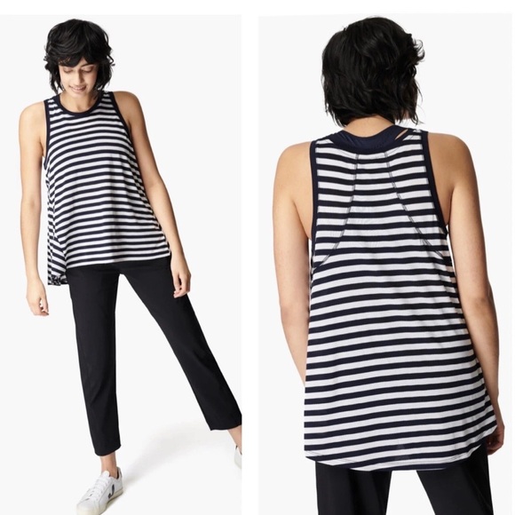 Sweaty Betty Easy Peazy Tank Top Navy White Stripe Bamboo Viscose M - Picture 2 of 9